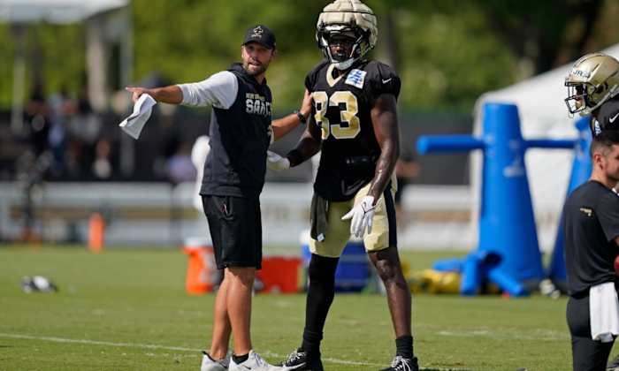 Former New Orleans Saints assistant Declan Doyle (left) during a training camp practice. Credit: USA TODAY